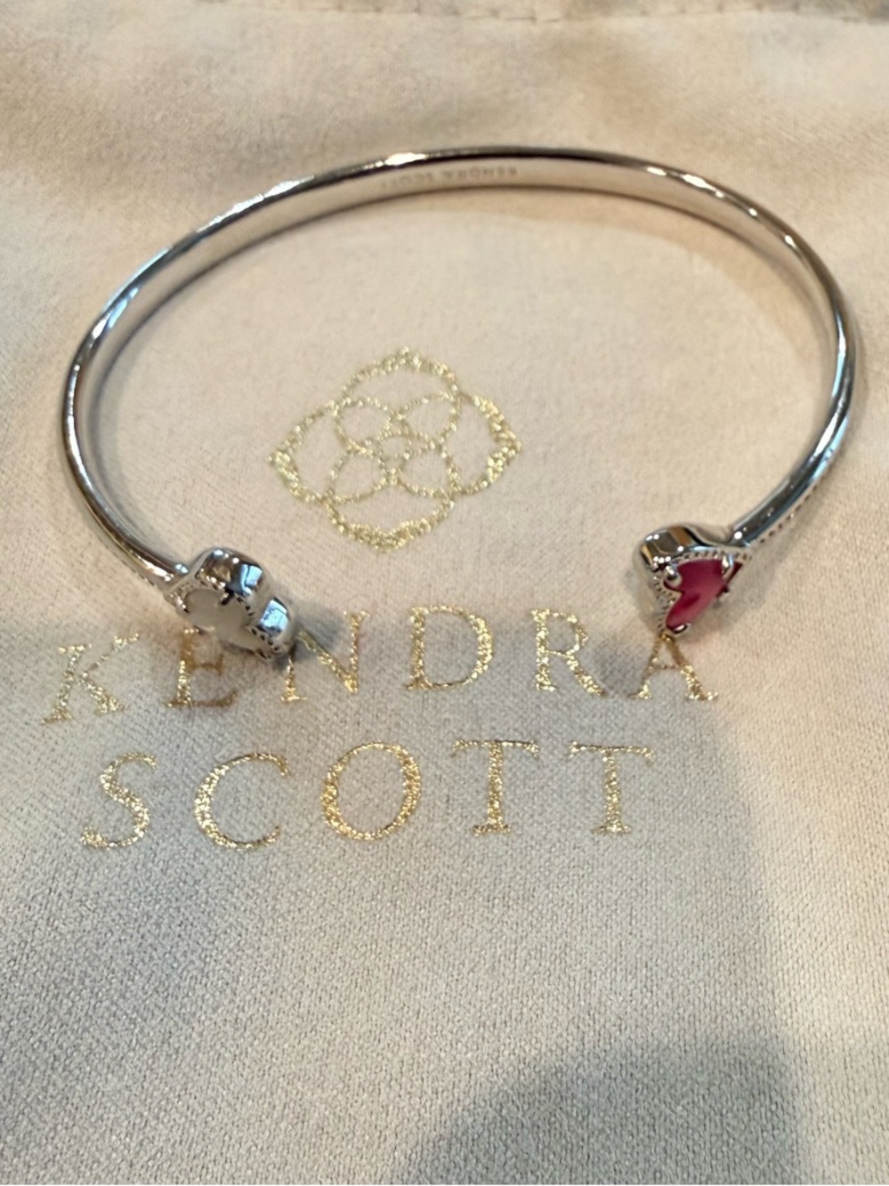 Kendra Scott Framed Ari Heart Silver Tone Cuff with Pink Heart Accents